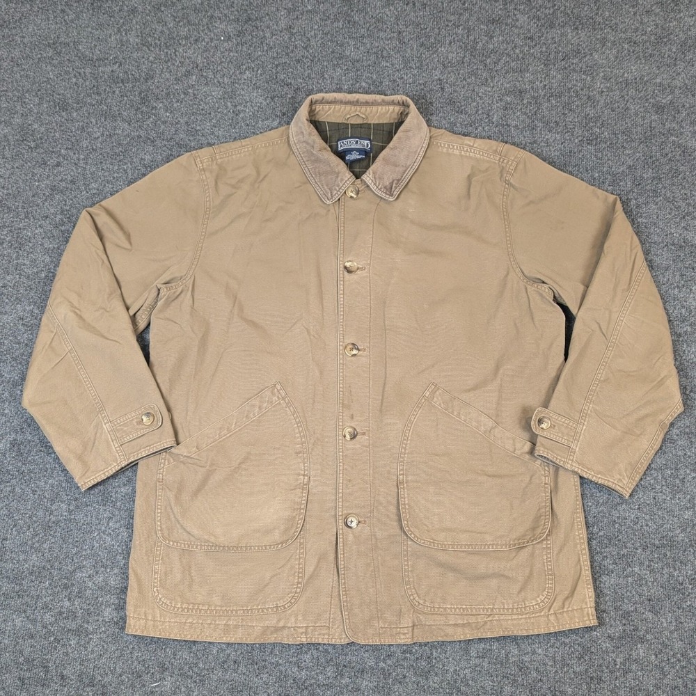 Lands End Mens XL Tall Tan Cotton Canvas Plaid Lined Barn Coat Corduroy Collar